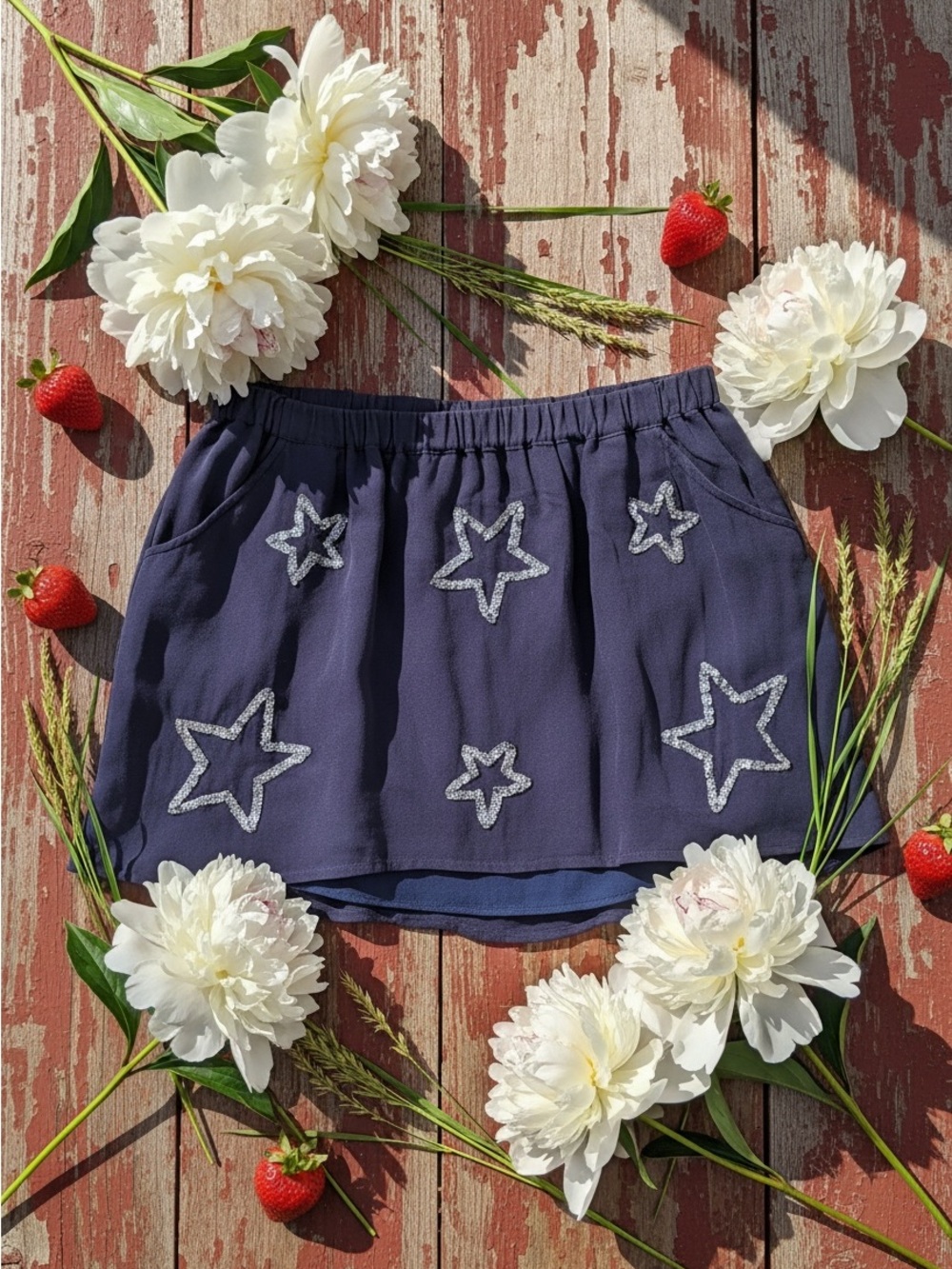 Chaser Navy Blue Embroidered Star Midi Skirt